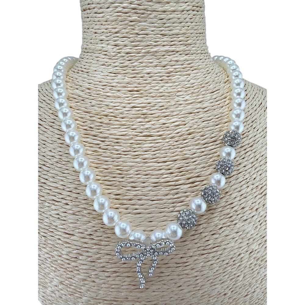 White Faux Pearl Rhinestone Disco-Ball and Bow Pendant Necklace